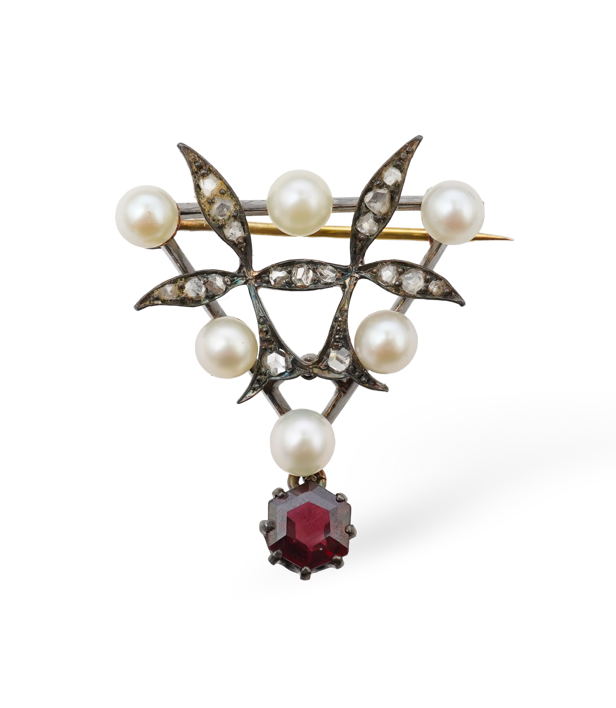 A pearl, garnet and diamond brooch